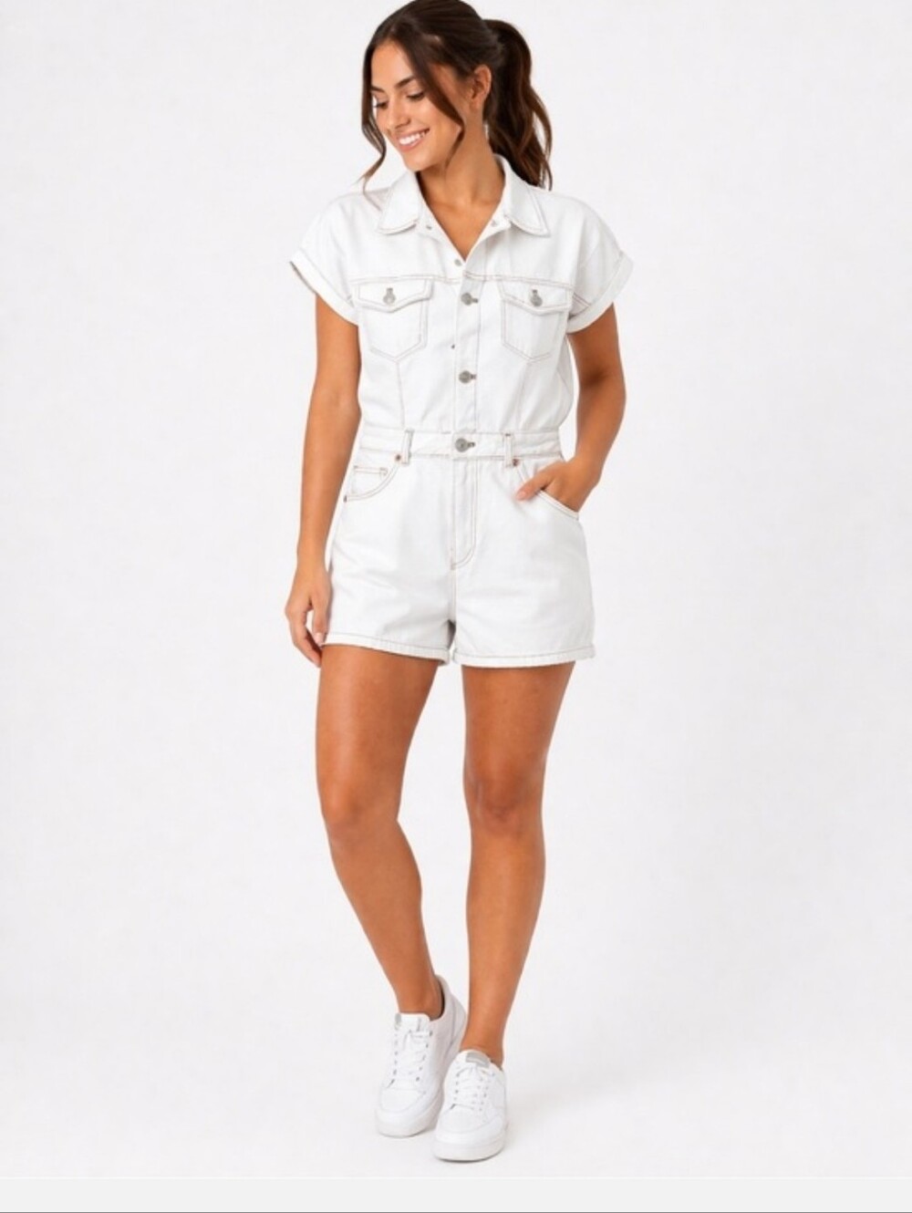 ZARA Oyster White Short Sleeve Denim Romper Size Small NWT